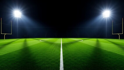American football field at night with bright stadium lights green grass goalposts