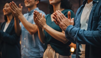 Fototapeta premium A diverse group of people clapping, showing appreciation and engagement in a lively atmosphere.