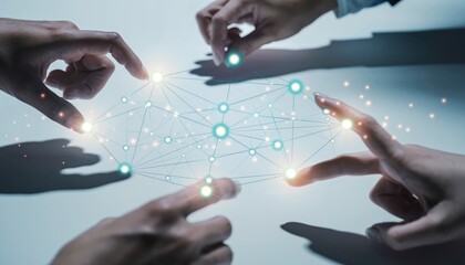 Multiple hands connect nodes in a digital network, symbolizing collaboration and the interconnectivity of ideas and technology.
