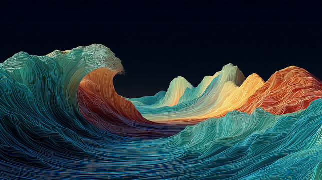 Abstract gradient particle waves seamlessly flowing with soft purple light and bokeh. Orange and blue digital waves. Technology, engineering, science, and artificial intelligence background - Powered by Adobe