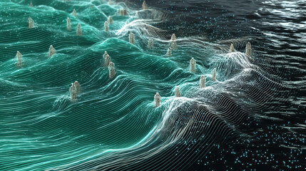 Abstract gradient particle waves seamlessly flowing with soft purple light and bokeh. Orange and blue digital waves. Technology, engineering, science, and artificial intelligence background