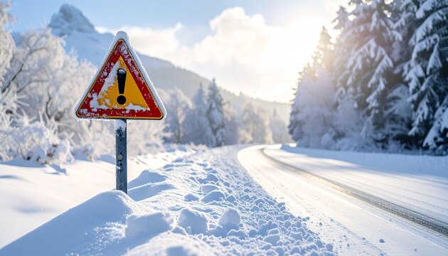 Snowy forest road with warning sign and bright sunlight, highlighting winter driving hazards.