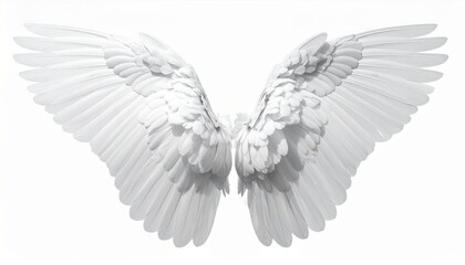 Obraz premium Stunning white angel wings on a white background, symbolizing purity and grace in a minimalist style.