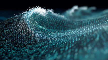 Abstract gradient particle waves seamlessly flowing with soft purple light and bokeh. Orange and blue digital waves. Technology, engineering, science, and artificial intelligence background