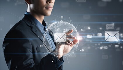 A professional man interacts with a digital globe and email icons, symbolizing global communication and technology.