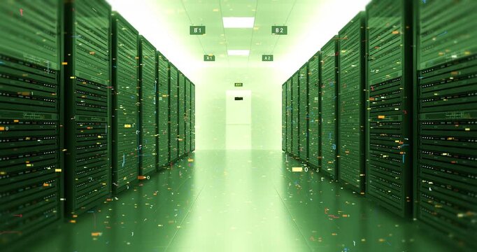 Server Racks Array in High-Tech Facility Camera Gliding Forward 4K. Technology Related 3D Animation.