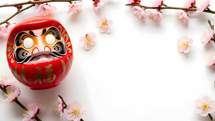 赤い達磨と梅の花の目標達成和風フレーム素材 白背景 16:9
