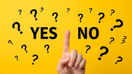 Hand pointing to yes option on yellow background with question marks finger