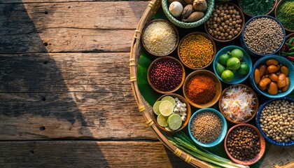 A vibrant assortment of spices and ingredients neatly arranged in bowls, showcasing a colorful array against a rustic wooden background.