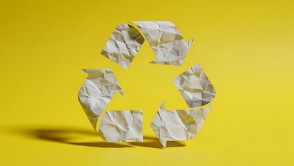 Crumpled paper recycling symbol on yellow background recycle sign 1