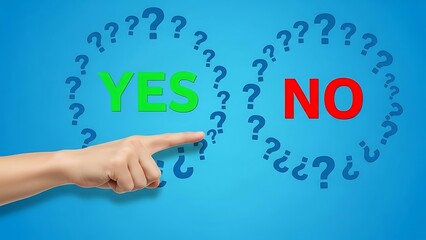 Hand pointing to yes surrounded by question marks on blue background finger