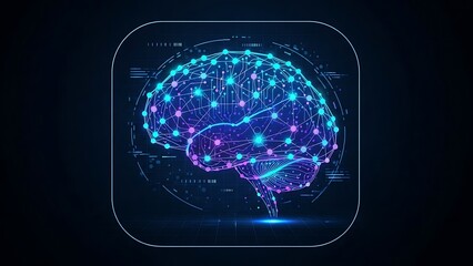 Glowing blue and purple brain with neon connections on dark background human brain network