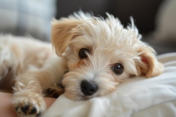 Small, fluffy puppy resting its head on a white pillow, looking calm and peaceful