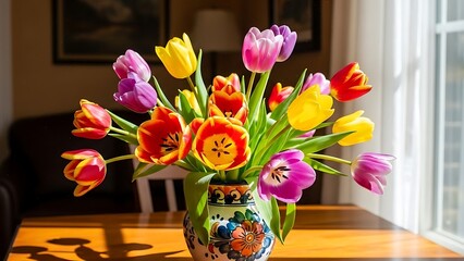 Colorful tulips in a floral vase on a wooden table by a window flowers