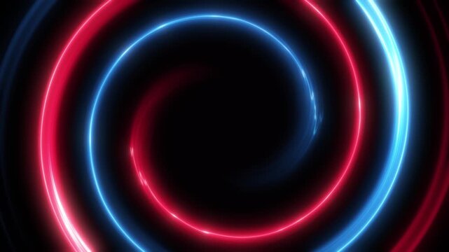 An abstract digital art piece on a black background features a central circular shape formed by glowing curved lines&mdash;red on the left, blue in the center&mdash;creating depth, dimension, and a futuristic aes