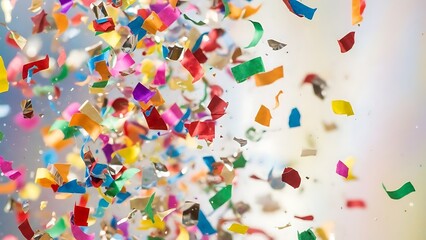 Colorful confetti pieces flying in air against white background celebration party festive