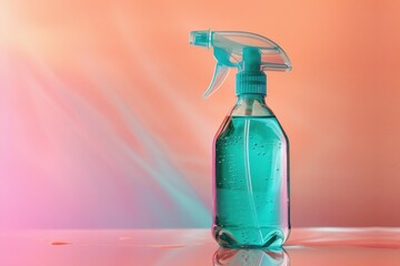 Turquoise cleaning liquid in a transparent spray bottle sits on a reflective surface, set against a vibrant, colorful backdrop