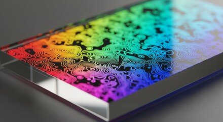 Rainbow Light Abstract. A glass block or prism reflecting a vibrant spectrum of rainbow colors in a wavy, abstract pattern