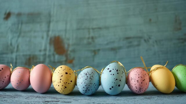 A collection of beautifully painted eggs in various colors, some featuring charming polka dot patterns. They are neatly lined up, making them an attractive display for the Easter holiday.