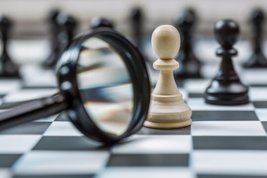 Magnifying glass focusing on white pawn on chessboard, symbolizing strategic analysis and decision making in business or competition