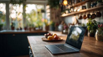 Laptop on rustic kitchen counter with fruit bowl and soft morning light coming through window perfect for work-from-home visuals, lifestyle blogs and cozy tech ads
