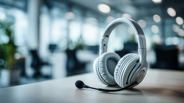 White headset with mic on clean office desk in modern open space with blurred background perfect for remote support visuals, communication apps and online teamwork
