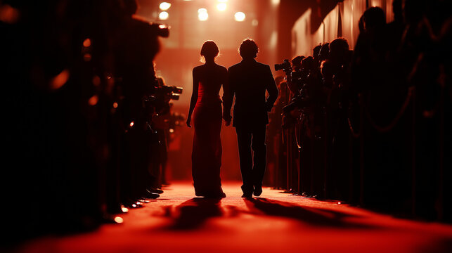 Silhouettes of celebrity couple walking down red carpet surrounded by flashing photographers in glamorous light perfect for event promotions, fame and entertainment industry visuals
