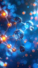 Molecular structure glows with vibrant blue and orange lights against a bokeh background, suggesting science and connection