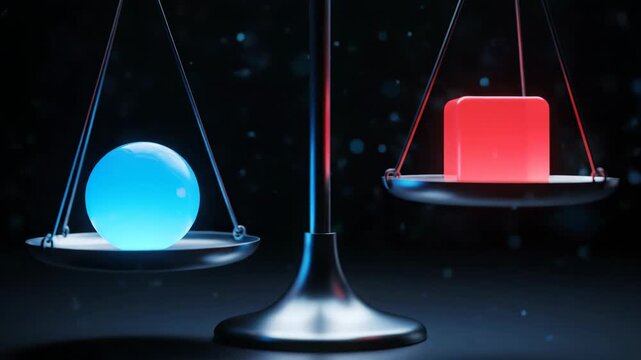 Conceptual 3D render of a balance scale showing equilibrium between glowing blue sphere and red cube object on a dark, dramatic background.