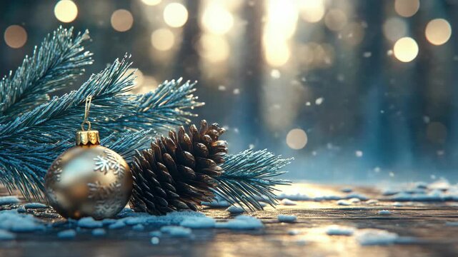 A festive winter scene with a Christmas tree and pine needles, set against a backdrop of snowflakes falling under twinkling lights.
