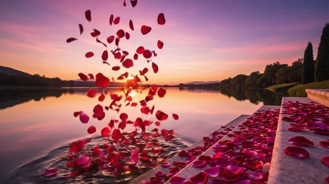 Romantic rose petal toss over serene lake at sunset