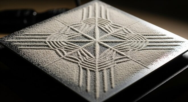 A geometric star-shaped pattern formed by fine white sand on a black vibrating metal plate