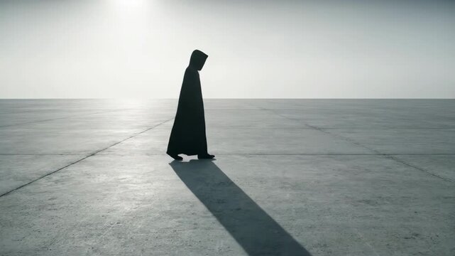 Conceptual Silhouette of Hooded Figure Walking Alone on Vast Concrete Expanse Towards Bright Horizon Representing Isolation and Existential Journey