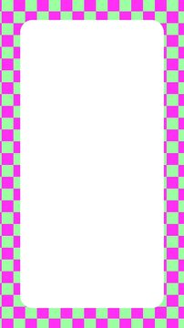 Vertical empty rectangular frame with cute soft pink and green aesthetic checkered pattern animation background