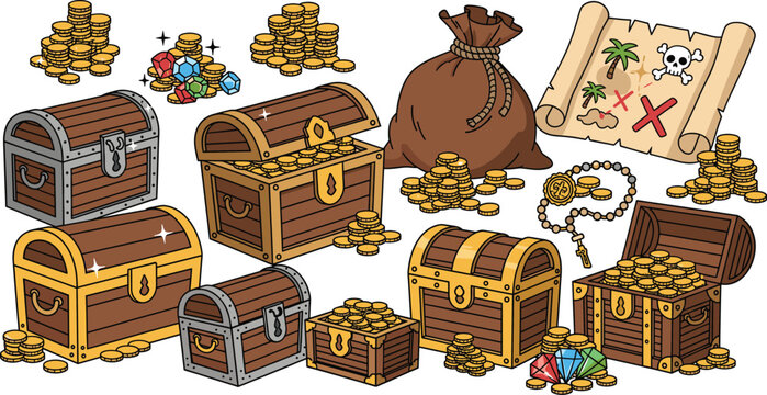 Pirate Treasure Chest and Gold Coins Vector Set with Ancient Map, Jewels, and Loot Elements for Games, Adventure Designs, and Fantasy Illustrations