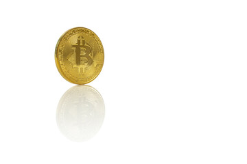 Shiny gold bitcoin coin with reflection isolated on white background. Digital cryptocurrency icon, finance and virtual money concept. Golden BTC coin with copy space.