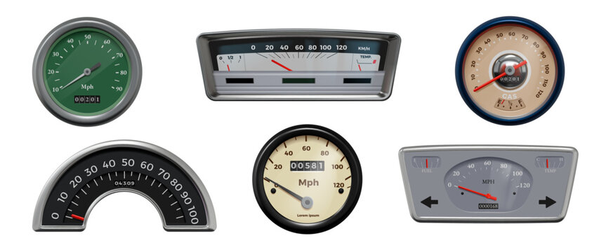 Vintage car speedometer. 3D dashboard panel. Retro control arrow or realistic gauge thermometer. Measurement instrument. Motorcycle tachometer. Scale display design. Vector isolated set