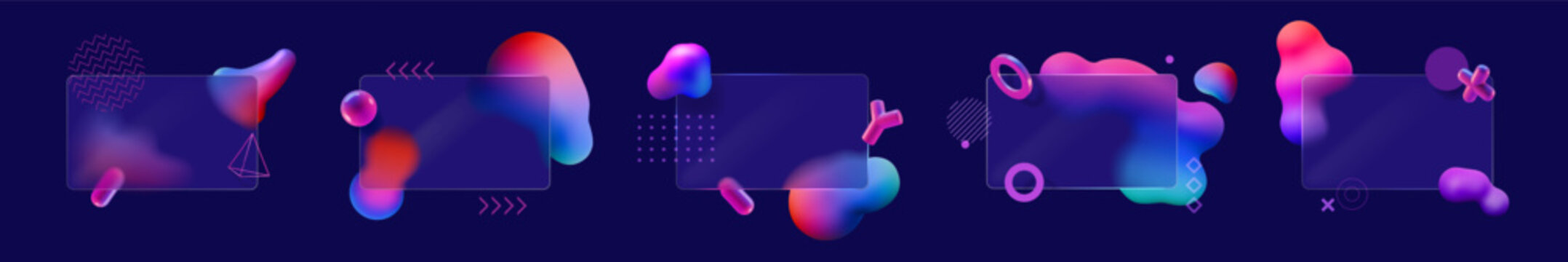Glass shapes. 3d neon card as transparent ui morphism rectangle, square liquid element with gradient blur, glassmorphism graphic design. Empty planes with copy space. Vector abstract mockup