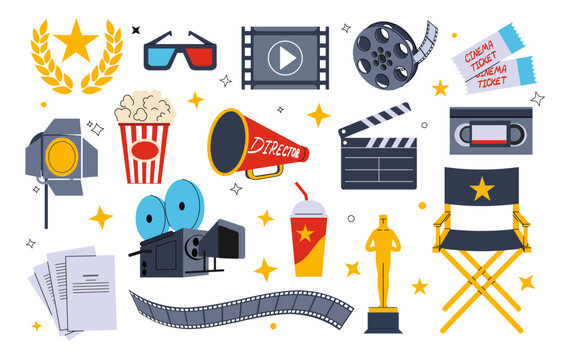 Cinema icons. Movie film camera, popcorn and clapperboard tape bobbin. Ticket, hollywood oscar clapper poster design, cinematography collection. Vector cartoon flat isolated media art set