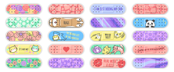 Cute band aid. Medical sticker with funny kids print. Motivational plaster or kawaii retro medicine fix adhesive tape. Abstract ornament. Wound bandage. Vector color cartoon patches set