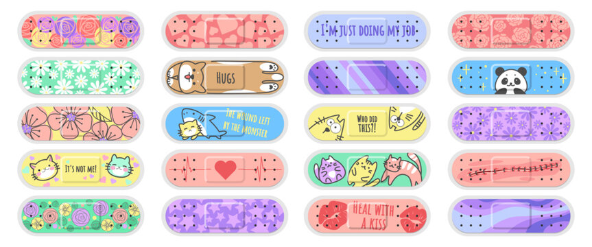 Cute band aid. Medical sticker with funny kids print. Motivational plaster or kawaii retro medicine fix adhesive tape. Abstract ornament. Wound bandage. Vector color cartoon patches set