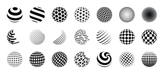 3D sphere. Halftone ball logo. Globe star pattern. Tech pixel icons. Geometric abstract shapes. Orb texture. Black and white concentric circles. Checkered form. Vector round symbols set © SpicyTruffel