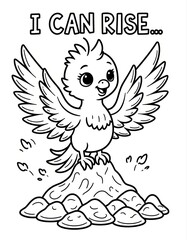 Fototapeta premium Inspirational Coloring Page of a Bird with Wings, Surrounded by Stones and Uplifting Text