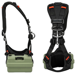 Green plastic backpack battery case with black harness straps isolated on a transparent background