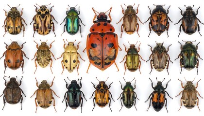 Group of colorful beetles, diverse patterns on shiny exoskeletons, arranged neatly on white