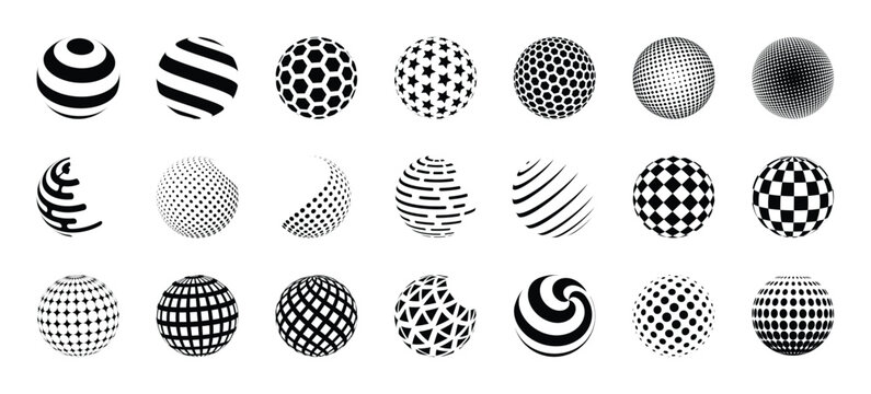 3D sphere. Halftone ball logo. Globe star pattern. Tech pixel icons. Geometric abstract shapes. Orb texture. Black and white concentric circles. Checkered form. Vector round symbols set