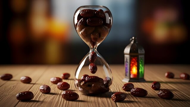 Creative hourglass filled with falling dates for Ramadan fasting time concept