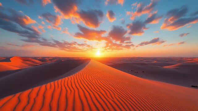 Desert Sunset: The sun dips below the horizon, painting the vast desert dunes in fiery hues. The sky is ablaze with color, casting a magical glow over the textured sand.