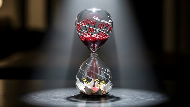 Hourglass containing angel wings and devil pitchforks love concept