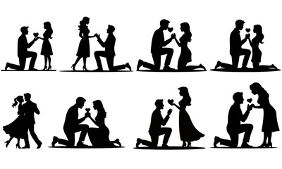 Couple proposing marriage with ring silhouettes, Romantic silhouette of couple proposing marriage with engagement ring love vector illustration.